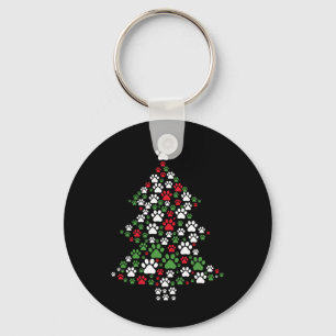 Retro Cute Xmas Dog Paw Print Christmas Tree Puppy Keychain