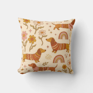 Retro Dachshund Floral Throw Pillow   Boho Wiener 