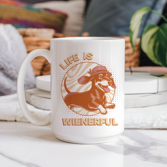 Retro Dachshund "Life is Wienerful" Muted Colours Coffee Mug (This fun and quirky design features an adorable dachshund, complete with a cute fedora hat!)