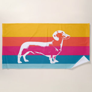 Retro Dachshund Silhouette – Colourful Pop Dog Art Beach Towel