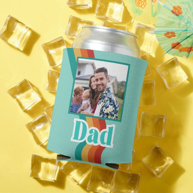 Retro Dad custom photo, teal blue with stripes Can Cooler (In Situ Summer)