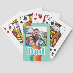 Retro Dad custom photo, teal blue with stripes Playing Cards