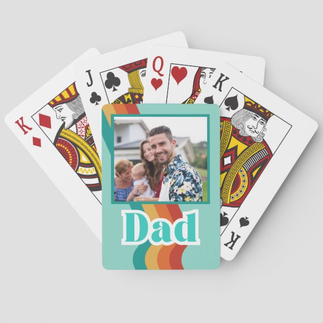 Retro Dad custom photo, teal blue with stripes Playing Cards (Back)