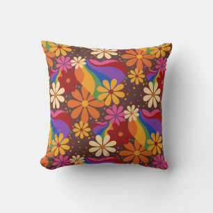Retro Daisies and Rainbow Hearts Throw Pillow