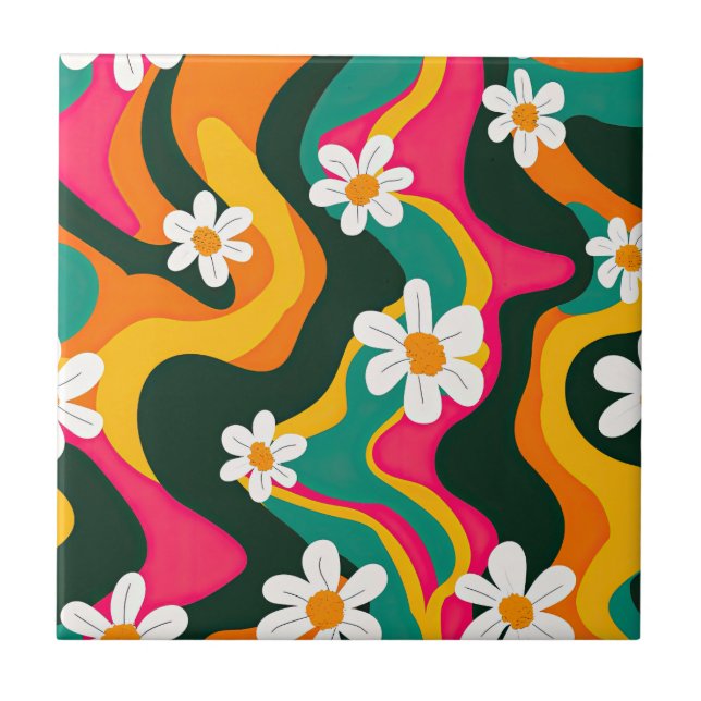 Retro Daisies Colourful 70s Hippie Pattern  Tile (Front)