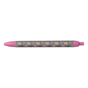Retro Daisies Colourful Print Black Ink Pen