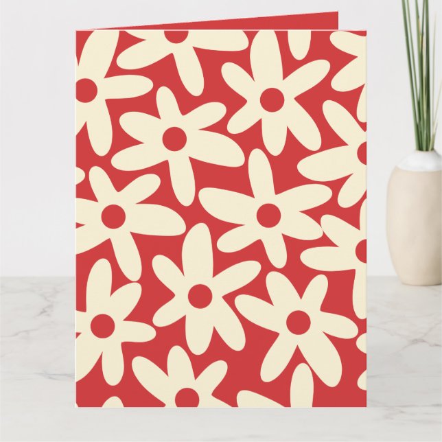 Retro Daisies Floral Pattern Red and Cream Card (Front)