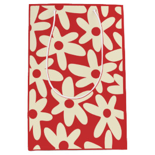 Retro Daisies Floral Pattern Red and Cream Medium Gift Bag