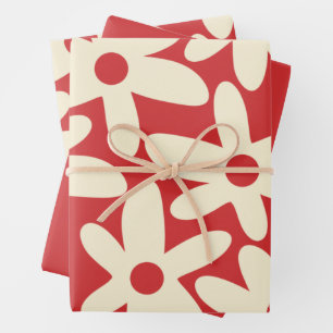 Retro Daisies Floral Pattern Red and Cream Wrapping Paper Sheet