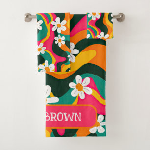 Retro Daisies Funky 70s Floral Pattern Name Bath Towel Set
