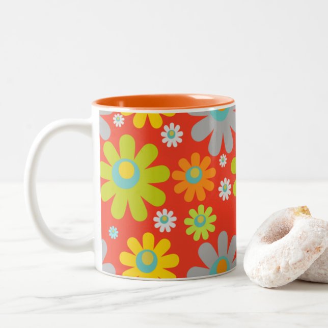 Retro Daisies on Orange Two-Tone Coffee Mug (With Donut)