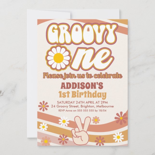 Retro Daisies Peace Sign Groovy One 1st Birthday Invitation (Front)