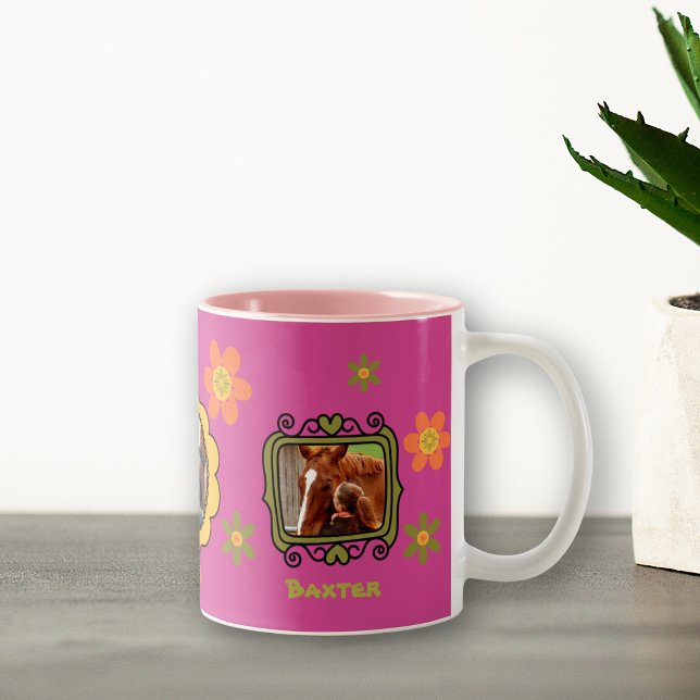 Retro Daisy 3 Photo Horse Pet Collage and Name Two-Tone Coffee Mug (Creator Uploaded)