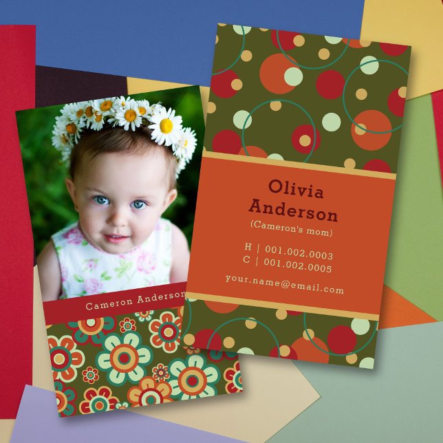 Retro Daisy Blooms And Dots Pattern Photo Mommy Calling Card (Creator Uploaded)