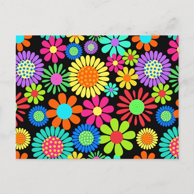 Retro Daisy Blossom Flower Power Pattern Postcard (Front)