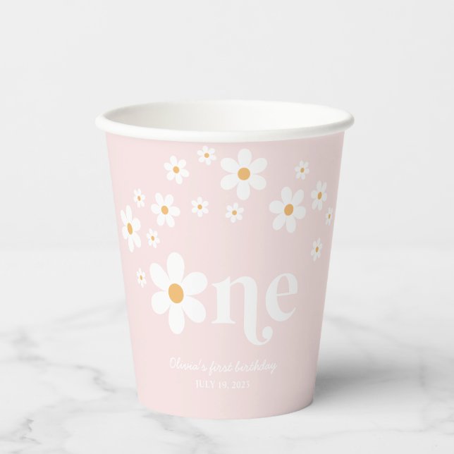 Retro daisy boho 1st birthday paper cups (Front)