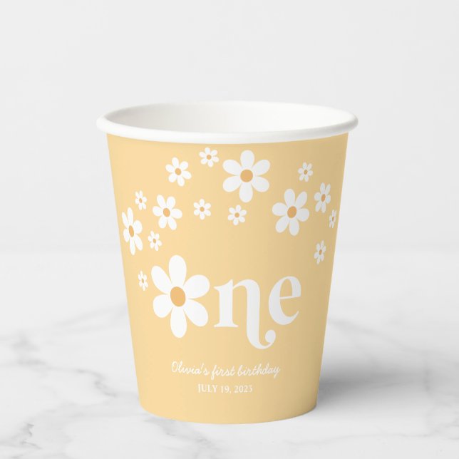 Retro daisy boho 1st birthday paper cups (Front)