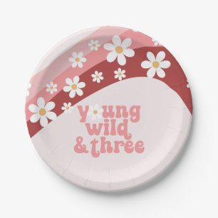 Retro daisy boho floral 3rd birthday paper plate
