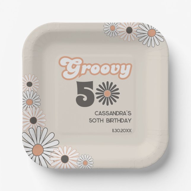Retro Daisy Boho Terracotta Natural 50th Birthday Paper Plate (Front)