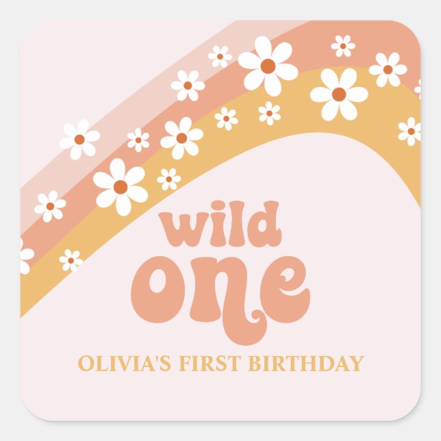 Retro Daisy Boho Wild One Rainbow Square Sticker (Front)