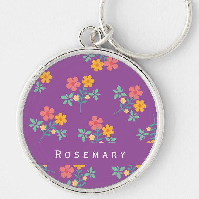 Retro Daisy Bouquet Pattern in Purple  Keychain (Front)