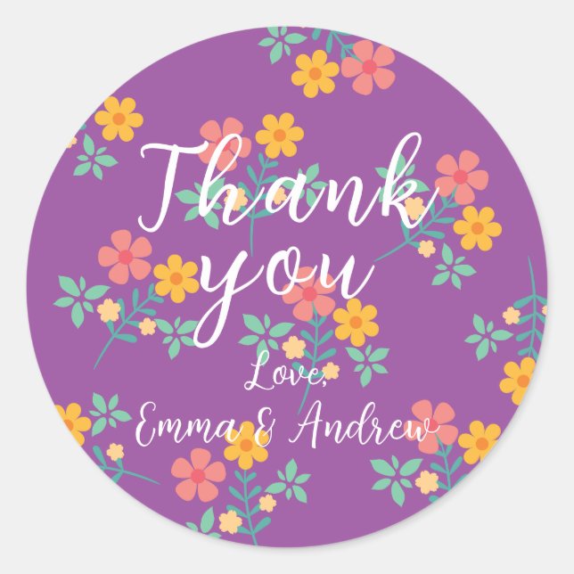 Retro Daisy Bouquet Pattern in Purple Thank You Classic Round Sticker (Front)