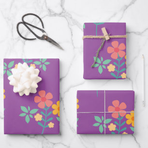 Retro Daisy Bouquet Pattern in Purple Wrapping Paper Sheet
