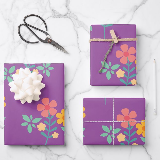 Retro Daisy Bouquet Pattern in Purple Wrapping Paper Sheet (Front)