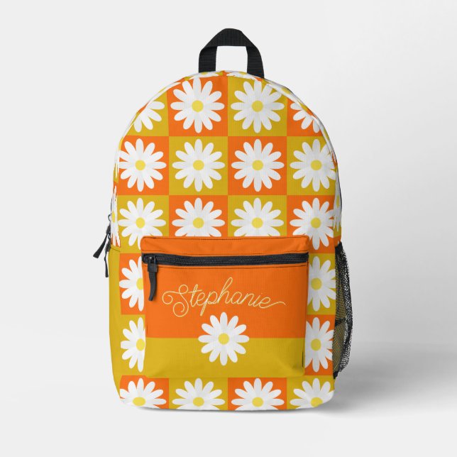 Retro Daisy Custom Name Groovy Chequerboard Printed Backpack (Front)
