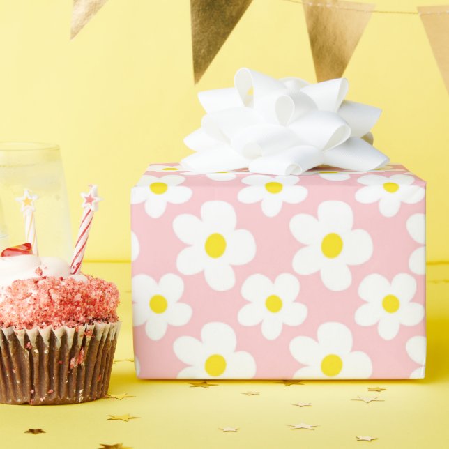 Retro Daisy Floral and Peach Wrapping Paper (Birthday Party)