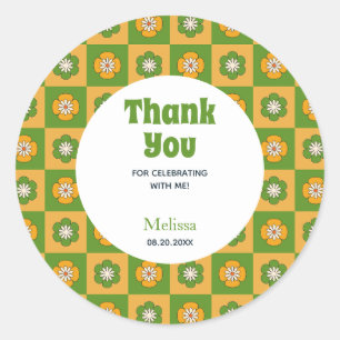 Retro Daisy Floral Chequered Green Thank You Classic Round Sticker