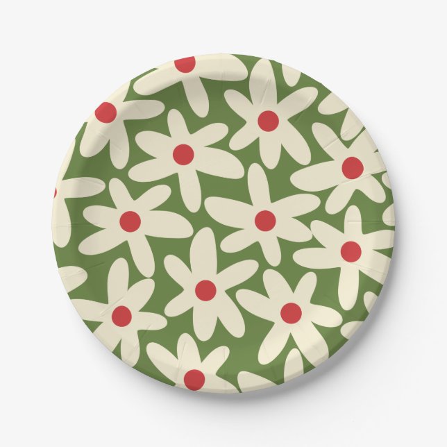Retro Daisy Floral Christmas Pattern Paper Plate (Front)