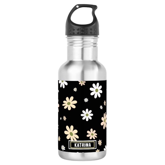 Retro Daisy Floral Pattern Boho Personalized Black 532 Ml Water Bottle (Front)
