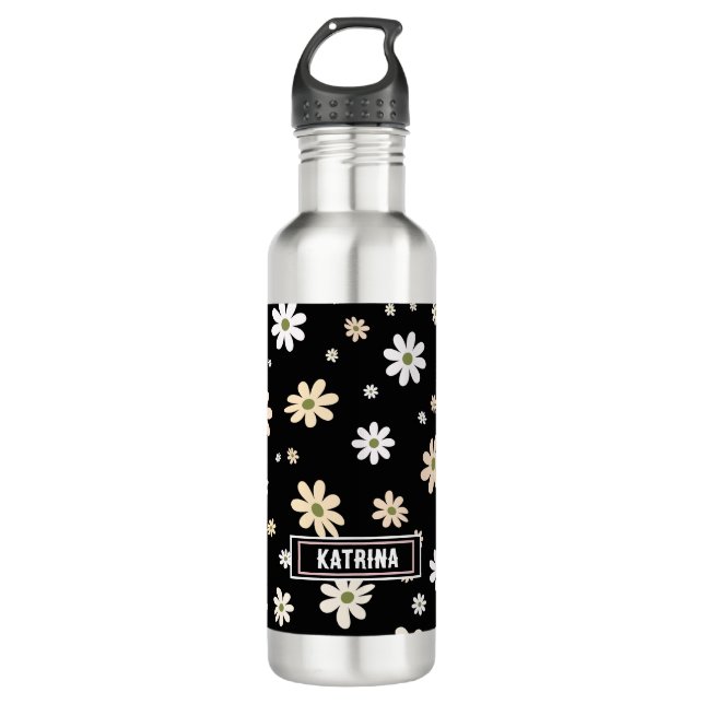 Retro Daisy Floral Pattern Boho Personalized Black 710 Ml Water Bottle (Front)