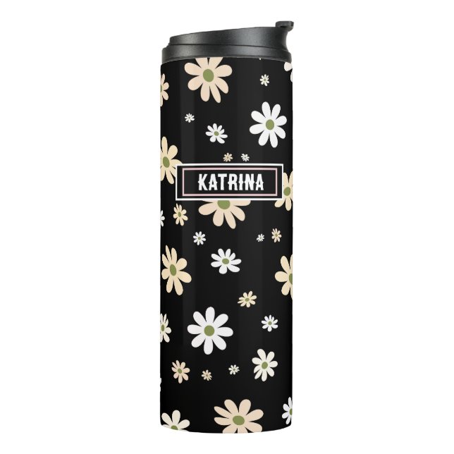 Retro Daisy Floral Pattern Boho Personalized Black Thermal Tumbler (Rotated Left)