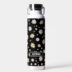 Retro Daisy Floral Pattern Boho Personalized Black Water Bottle