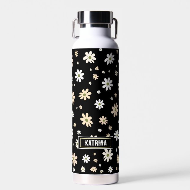 Retro Daisy Floral Pattern Boho Personalized Black Water Bottle (Front)