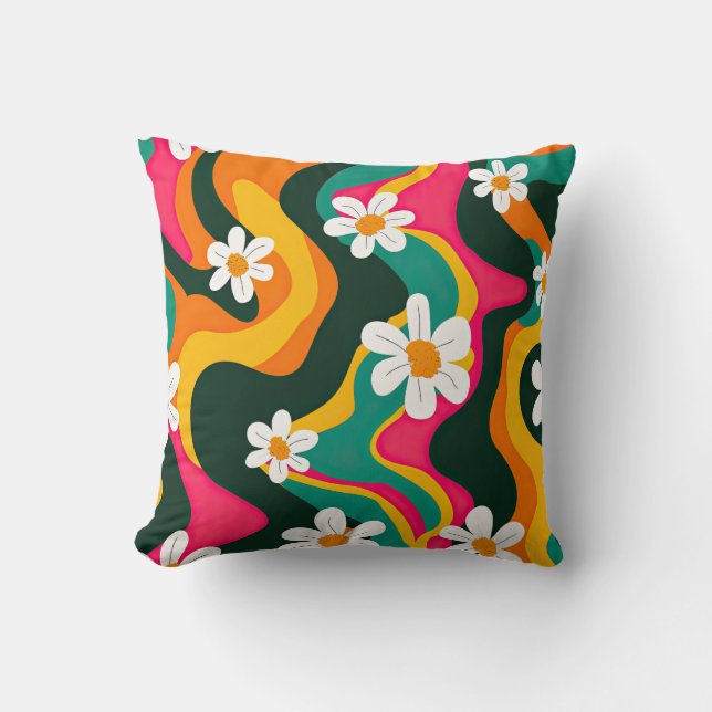 Retro Daisy Floral Pattern Colourful Funky Throw Pillow (Front)