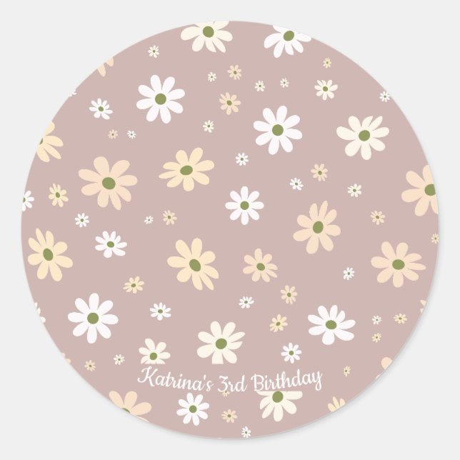 Retro Daisy Floral Pattern  Personalized Birthday Classic Round Sticker (Front)