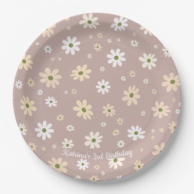 Retro Daisy Floral Pattern  Personalized Birthday Paper Plate (Front)