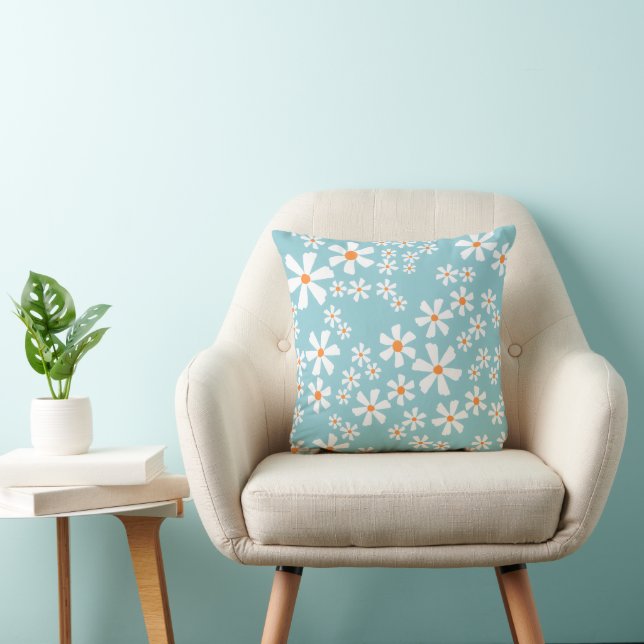 Retro Daisy Floral Pattern Teal  Throw Pillow (Chair)