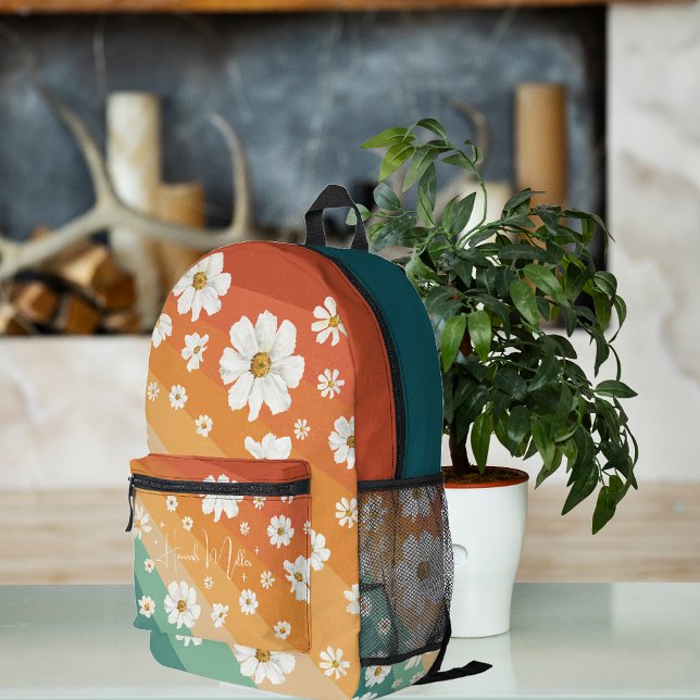 Retro Daisy Floral Rainbow | Monogram Printed Backpack (Creator Uploaded)