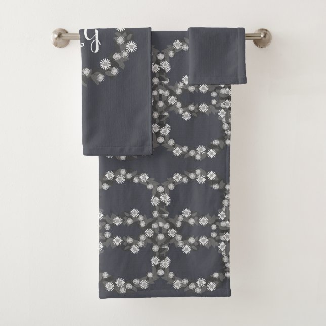 Retro Daisy Floral with Monogram Towel Set in Grey (Insitu)