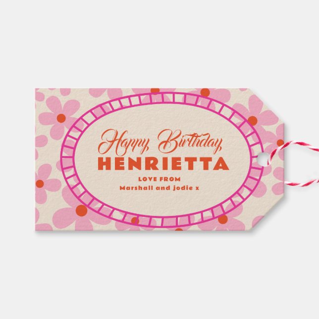Retro Daisy Flower Birthday Gift Tag Design (Front (Horizontal))