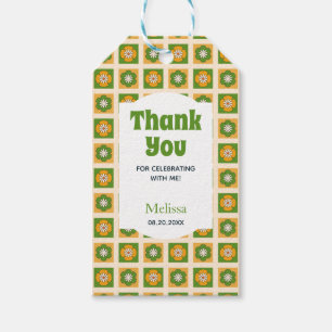 Retro Daisy Flower Chequered Green Thank You Gift Tags