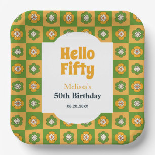 Retro Daisy Flower Chequered Hello Fifty Birthday Paper Plate