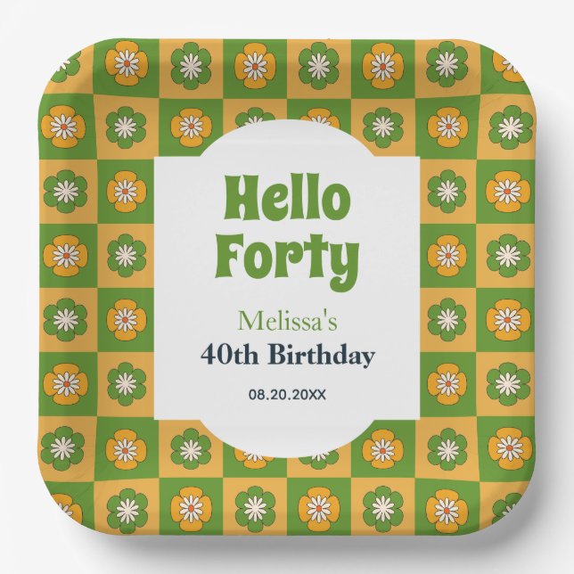 Retro Daisy Flower Chequered Hello Forty Birthday Paper Plate (Front)