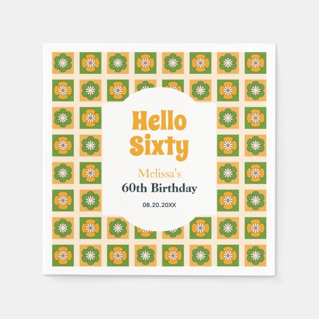 Retro Daisy Flower Chequered Hello Sixty Birthday Napkin (Front)