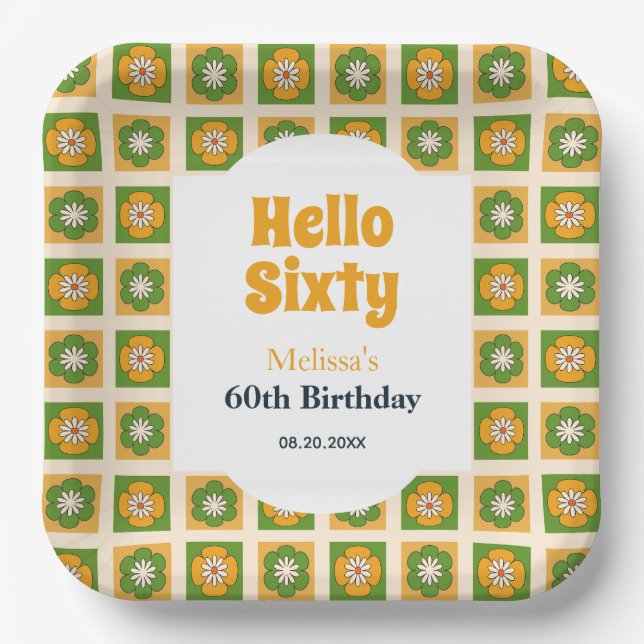 Retro Daisy Flower Chequered Hello Sixty Birthday Paper Plate (Front)
