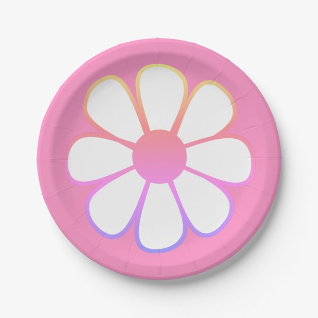 Retro Daisy Flower Single in Pink Gradient Paper Plate (Front)